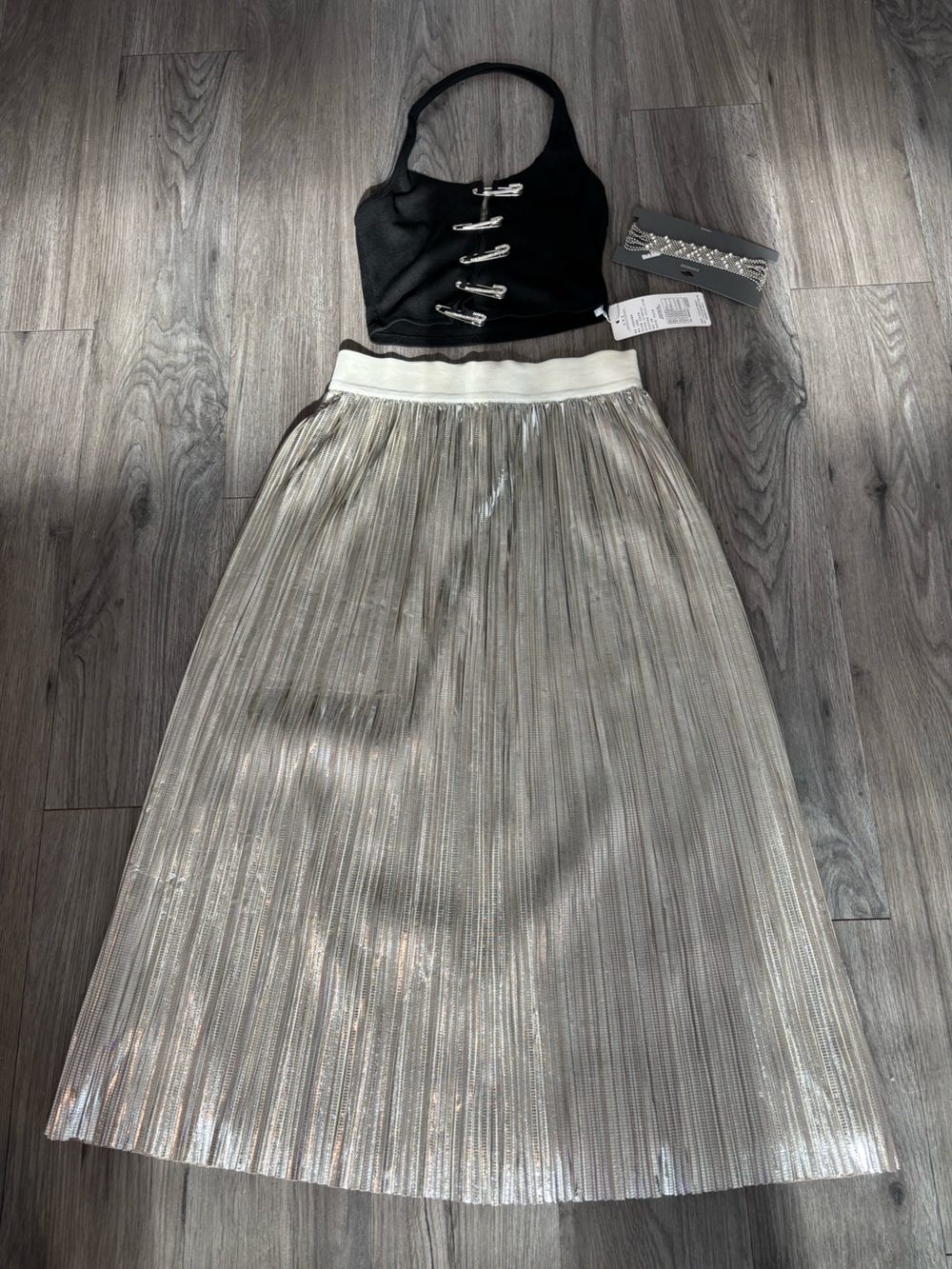 Alice + Olivia Silver Pleated Midi Skirt, NWT Safety Pin Halter + Choker, Small